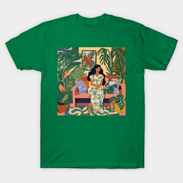 Woman on Couch of Tropical Jungle Garden Apartment After Matisse T-Shirt by bragova